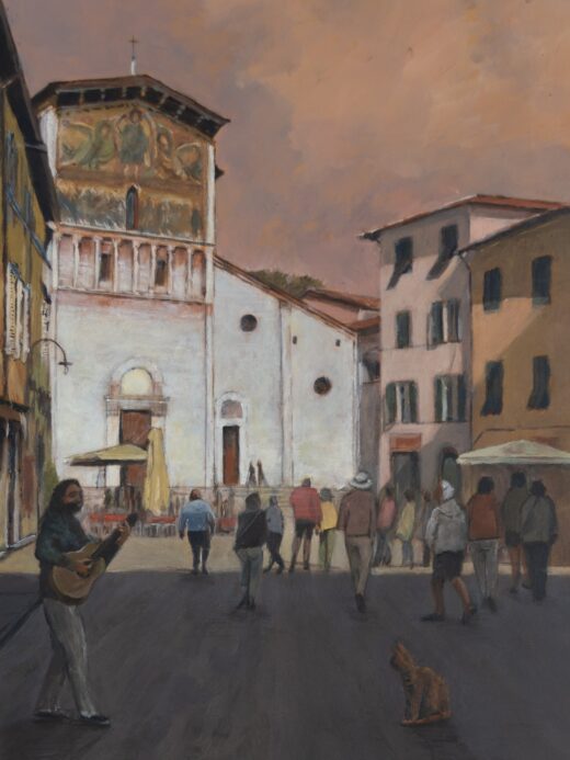 Opera d’arte che raffigura uno scorcio di Lucca con la basilica di San Frediano e la piazza