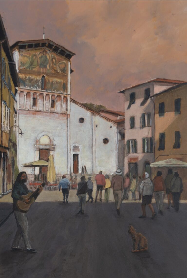 Opera d’arte che raffigura uno scorcio di Lucca con la basilica di San Frediano e la piazza