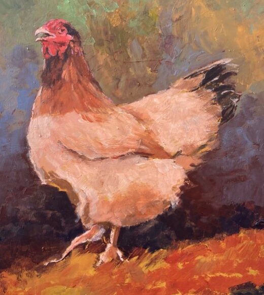 dipinto gallina realistico pittore lucchese lustro che ritrae una gallina molto colorata