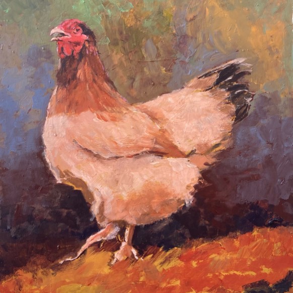 dipinto gallina realistico pittore lucchese lustro che ritrae una gallina molto colorata